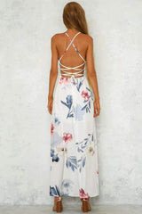 Fashion Print V neck Vest Backless Maxi Dresses