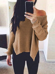 Off Shoulder Asymmetric Hem Plain Sweaters