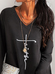 Casual Letter V Neck Long Sleeve Shirts & Tops