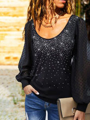 Black Casual Balloon Sleeve Paneled Lace Round Neck Shift T-Shirts