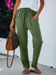 Solid Color Pocket Elastic Waist Casual Pants
