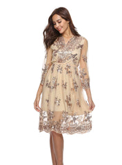 Sexy Lace V neck Long sleeve Skater Dresses
