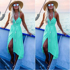 Fashion Floral Stripe Backless Irregular Vest Skater Dresses