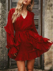 Sexy V-neck Falbala Long Sleeve Mini Dress
