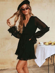 Sexy V-neck Falbala Long Sleeve Mini Dress