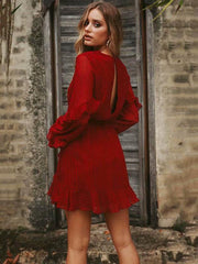 Sexy V-neck Falbala Long Sleeve Mini Dress