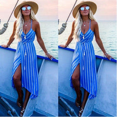 Fashion Floral Stripe Backless Irregular Vest Skater Dresses