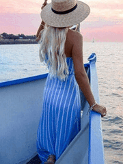 Fashion Floral Stripe Backless Irregular Vest Skater Dresses