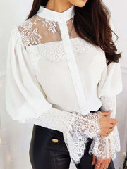 Elegant lace stitching band neck long sleeve blouses