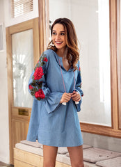 Autumn Long sleeve V neck Embroidery Shift Dresses