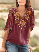 Women Flower Printed V neck Short Sleeve T-shirts