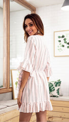 New V neck Falbala Trumpet sleeve Shift Dresses