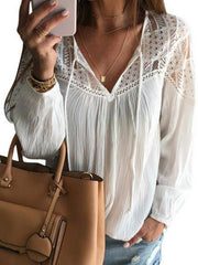 V-Neck Patchwork Hollow Out Plain Blouses