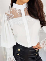 Elegant lace stitching band neck long sleeve blouses
