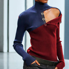 Women Stitching Color Knitted Pullover Sweater
