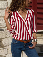 Loose Stripe V neck Long sleeve Blouses