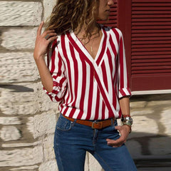 Loose Stripe V neck Long sleeve Blouses