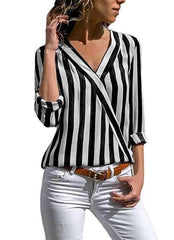 Loose Stripe V neck Long sleeve Blouses