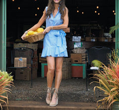 Button Down Collar Belt Striped Sleeveless Skater Dresses