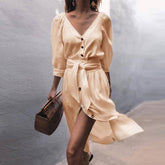 Women V neck Belt Skater Dresses