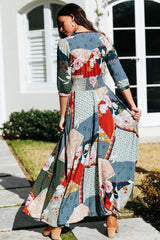 Fashion Print V neck Lacing Half sleeve Maxi Dresses