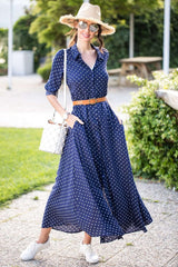 Elegant Point print Fastener Lacing Long sleeve Maxi Dresses