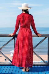 Elegant Point print Fastener Lacing Long sleeve Maxi Dresses