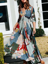 Fashion Print V neck Lacing Half sleeve Maxi Dresses