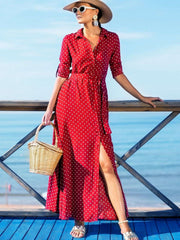 Elegant Point print Fastener Lacing Long sleeve Maxi Dresses