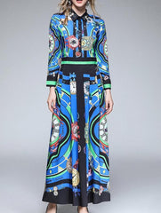 New Autumn Lapel Floral Maxi Dresses