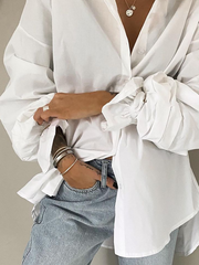Plus size Plain Long Sleeve Shirts & Tops