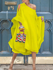 Solid Long Sleeve Off Shoulder Midi A-Line Shift Dress