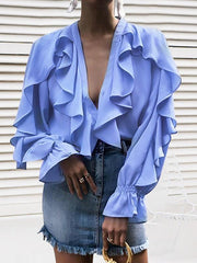Chiffon V neck Stylish Womenlong sleeve blouses