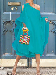 Solid Long Sleeve Off Shoulder Midi A-Line Shift Dress