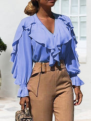 Chiffon V neck Stylish Womenlong sleeve blouses