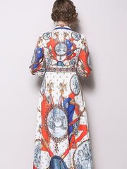 Women Retro Floral Lapel Maxi Dresses