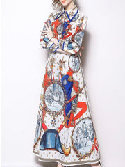 Women Retro Floral Lapel Maxi Dresses