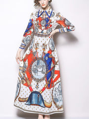 Women Retro Floral Lapel Maxi Dresses