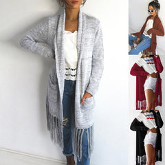 Women Cardigan Knit Tassels Long sleeve Coats