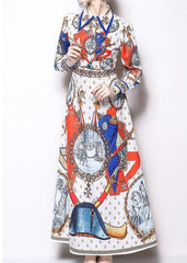 Women Retro Floral Lapel Maxi Dresses