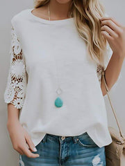Women Plain lace round neck summer T-shirts