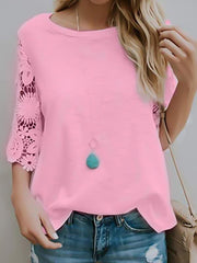 Women Plain lace round neck summer T-shirts
