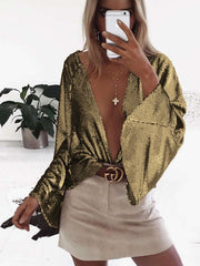 Deep V Neck Glitter Plain Bell Sleeve Blouses
