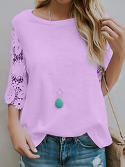 Women Plain lace round neck summer T-shirts