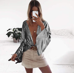 Deep V Neck Glitter Plain Bell Sleeve Blouses