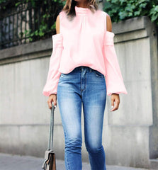 Sexy Off shoulder Long sleeve High collar Blouses