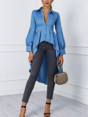 Women Elegant Solid Lantern Sleeve Swallowtail Design Blouse