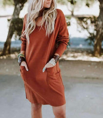 Loose Pure Long sleeve V neck Shift Dresses