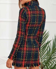 Fashion Plaid Stripe Long sleeve High collar Tee Shift Dresses