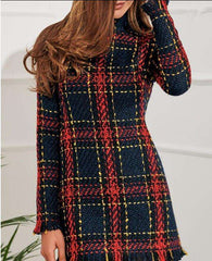 Fashion Plaid Stripe Long sleeve High collar Tee Shift Dresses